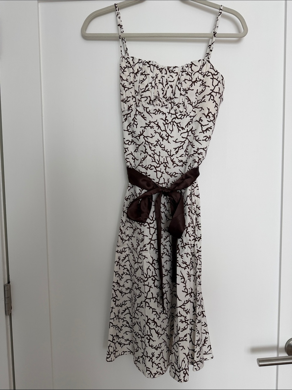 Alyn Paige Ivory Dress with Brown Abstract Print and Satin Tie